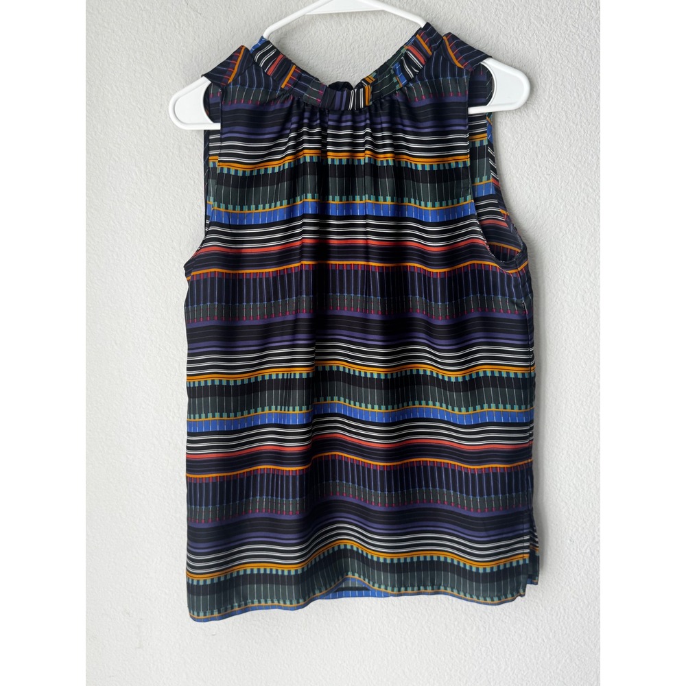 LOFT Womens Medium Sleeveless High Neck Tie Back Blouse Geometric Stripe Shell